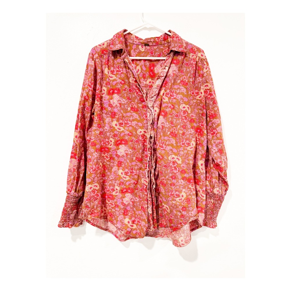 Free People Floral Ruffle Button Down Blouse Pink Orange Smocked Cuff Top L